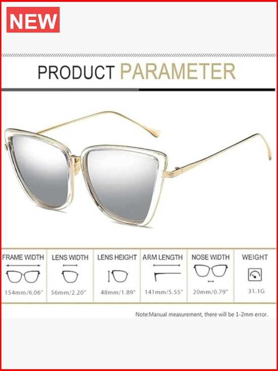 Oversized Cateye Sunglasses UV Protection Mirrored Lens Metal Frame 2 Pack
